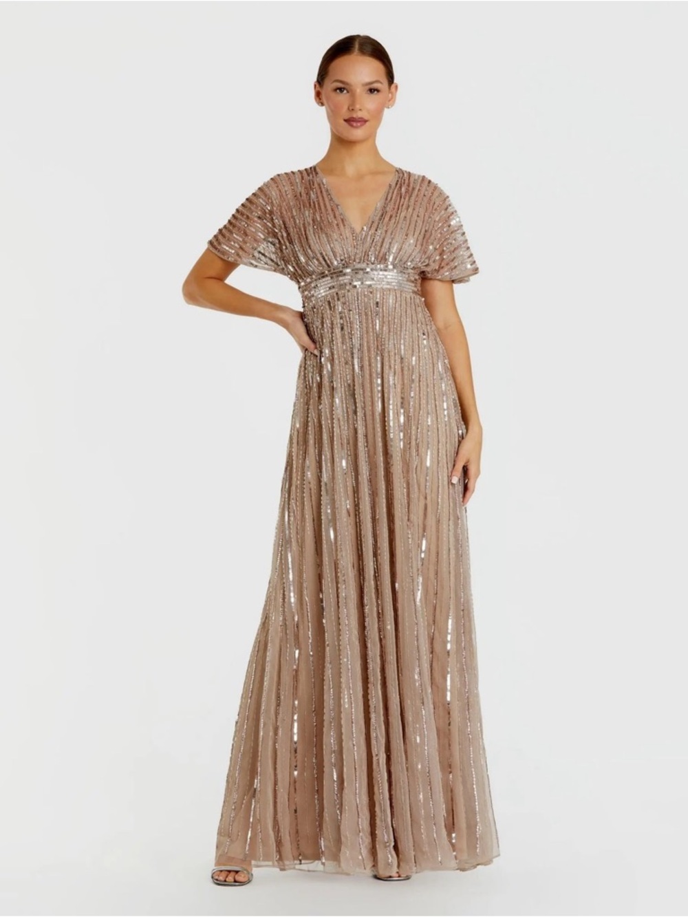 Mac Duggal 94204 Beige Embellished Short Sleeve Empire Waist Gown Size 12 NWT